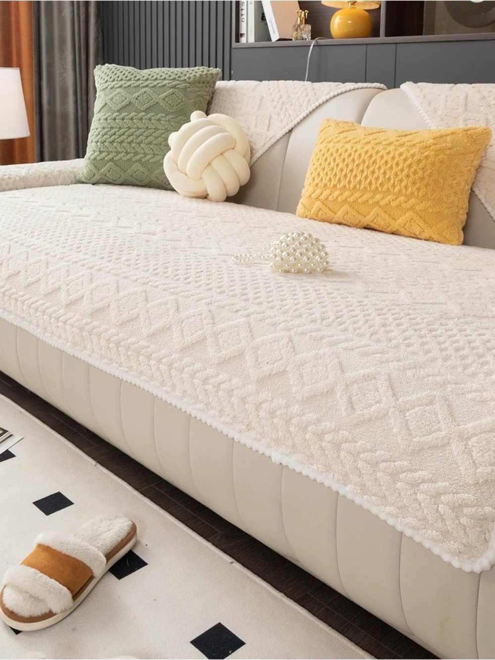 Plush Warm Sofa Couch Cover, Beige White 36"x 83"